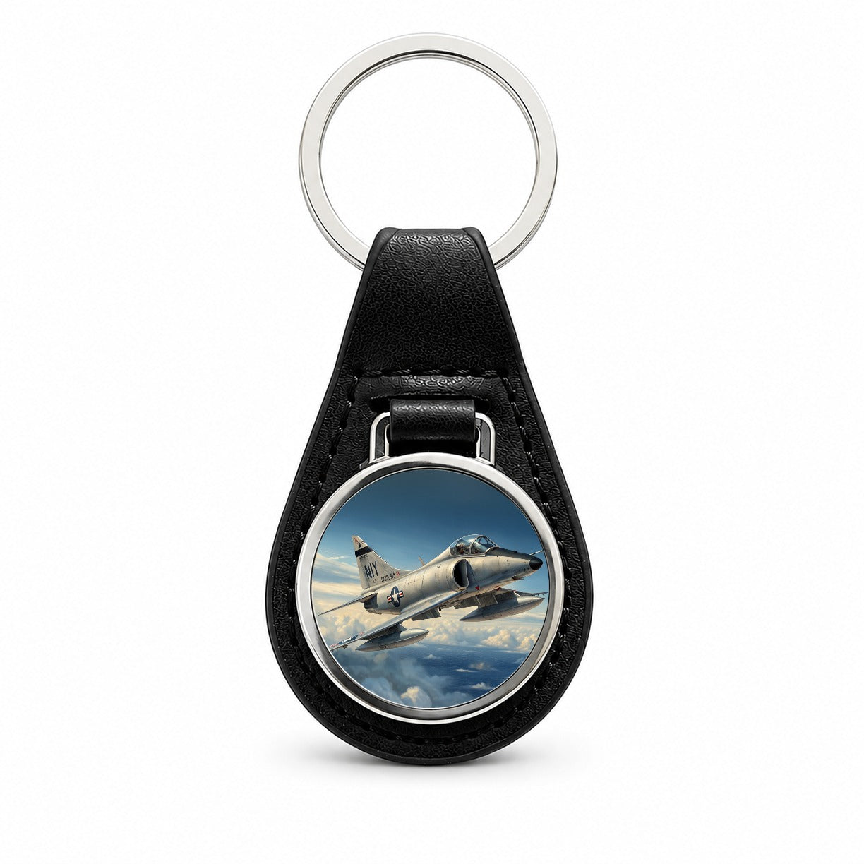 A-4 Skyhawk In Flight US Navy Vietnam Era Attack Aircraft Black Leather Metal Keychain
