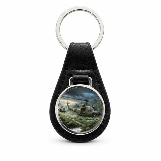 Bell UH-1 Iroquois Huey Helicopters Over Vietnam Black Leather Metal Keychain