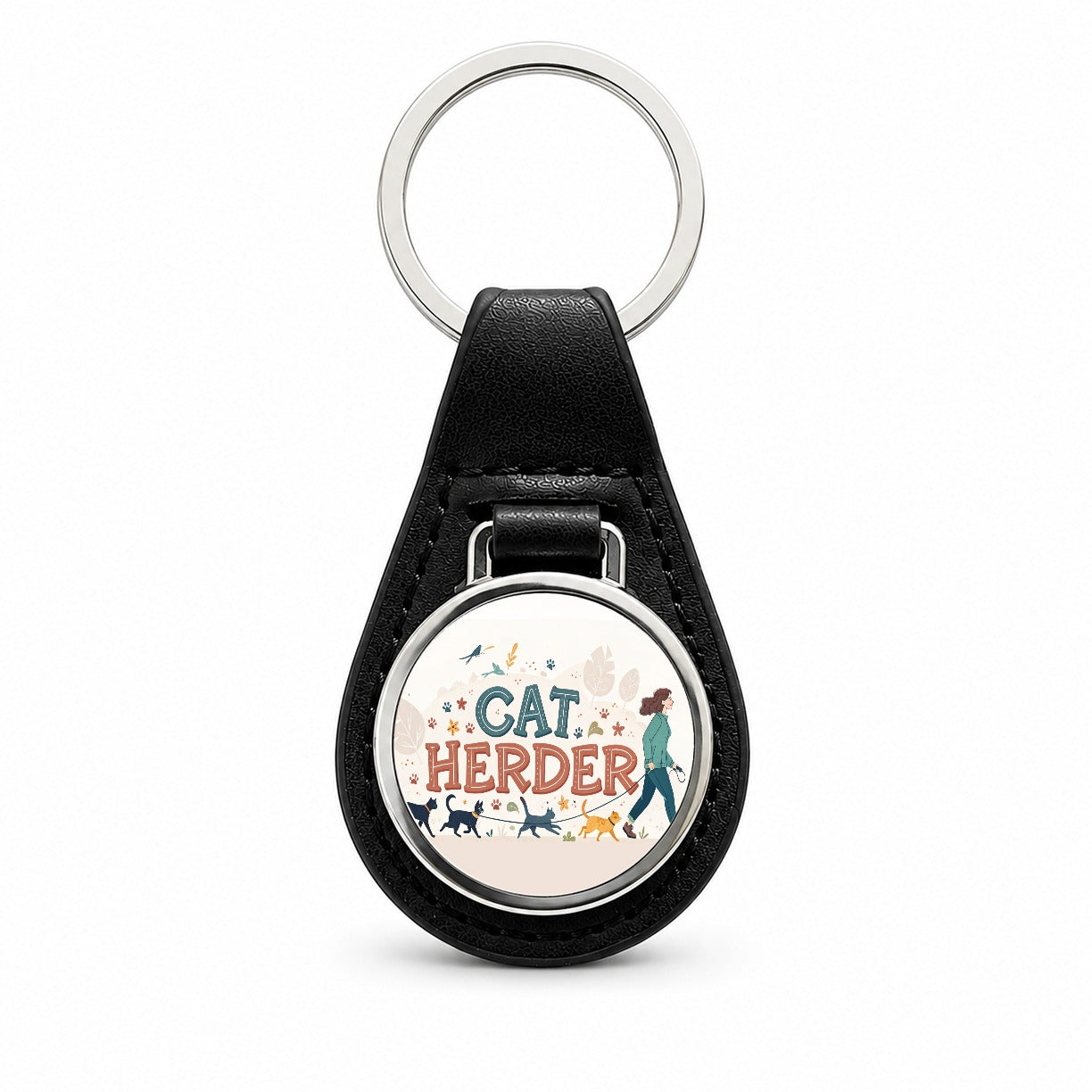 Cat Herder Herding Funny Black Leather Metal Keychain