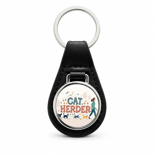 Cat Herder Herding Funny Black Leather Metal Keychain