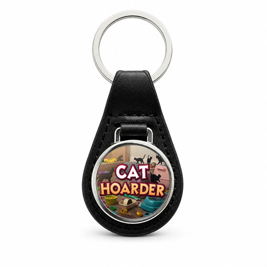 Cat Hoarder Funny Black Leather Metal Keychain