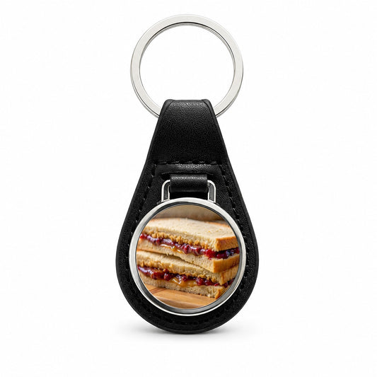Close-up of a PB&J Peanut Butter And Jelly Sandwich Black Leather Metal Keychain