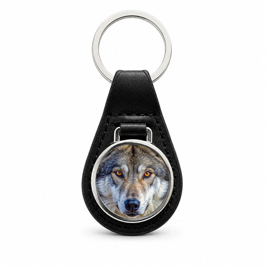 Close-up of Dire Wolf Face Black Leather Metal Keychain