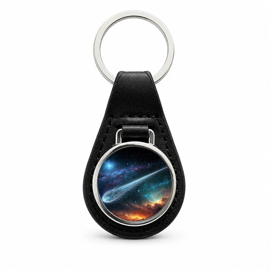 Comet Moving Through Space Black Leather Metal Keychain