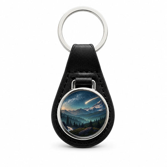 Comet Shooting Star In The Night Sky Over Mountains Black Leather Metal Keychain