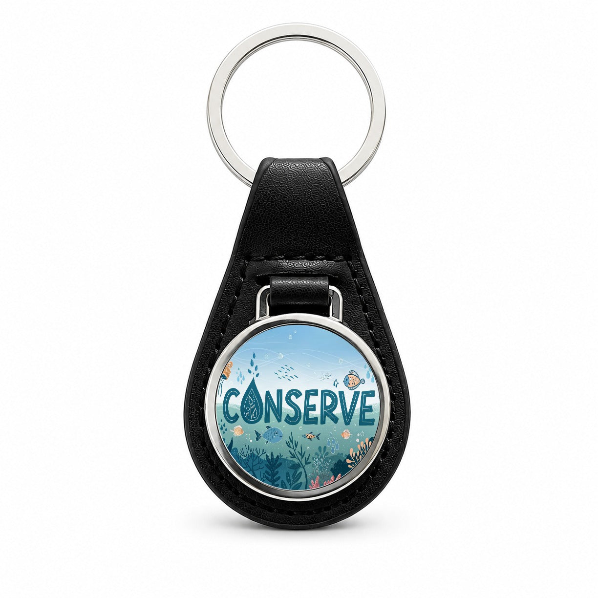 Conserve Water Fish Conservation Theme Black Leather Metal Keychain