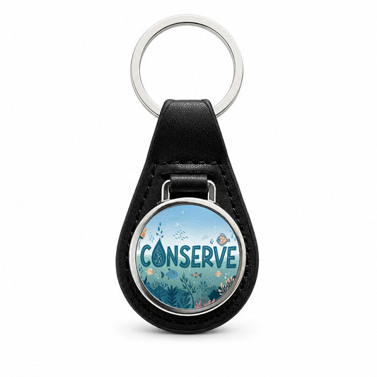 Conserve Water Fish Conservation Theme Black Leather Metal Keychain
