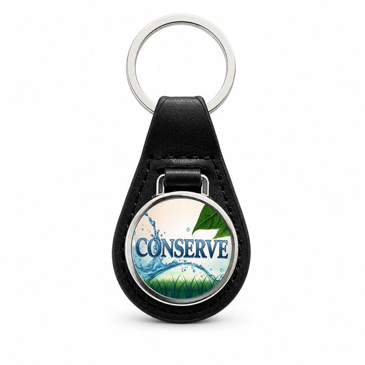 Conserve Water Recycle Conservation Black Leather Metal Keychain