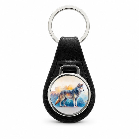 Dire Wolf Watercolor Black Leather Metal Keychain