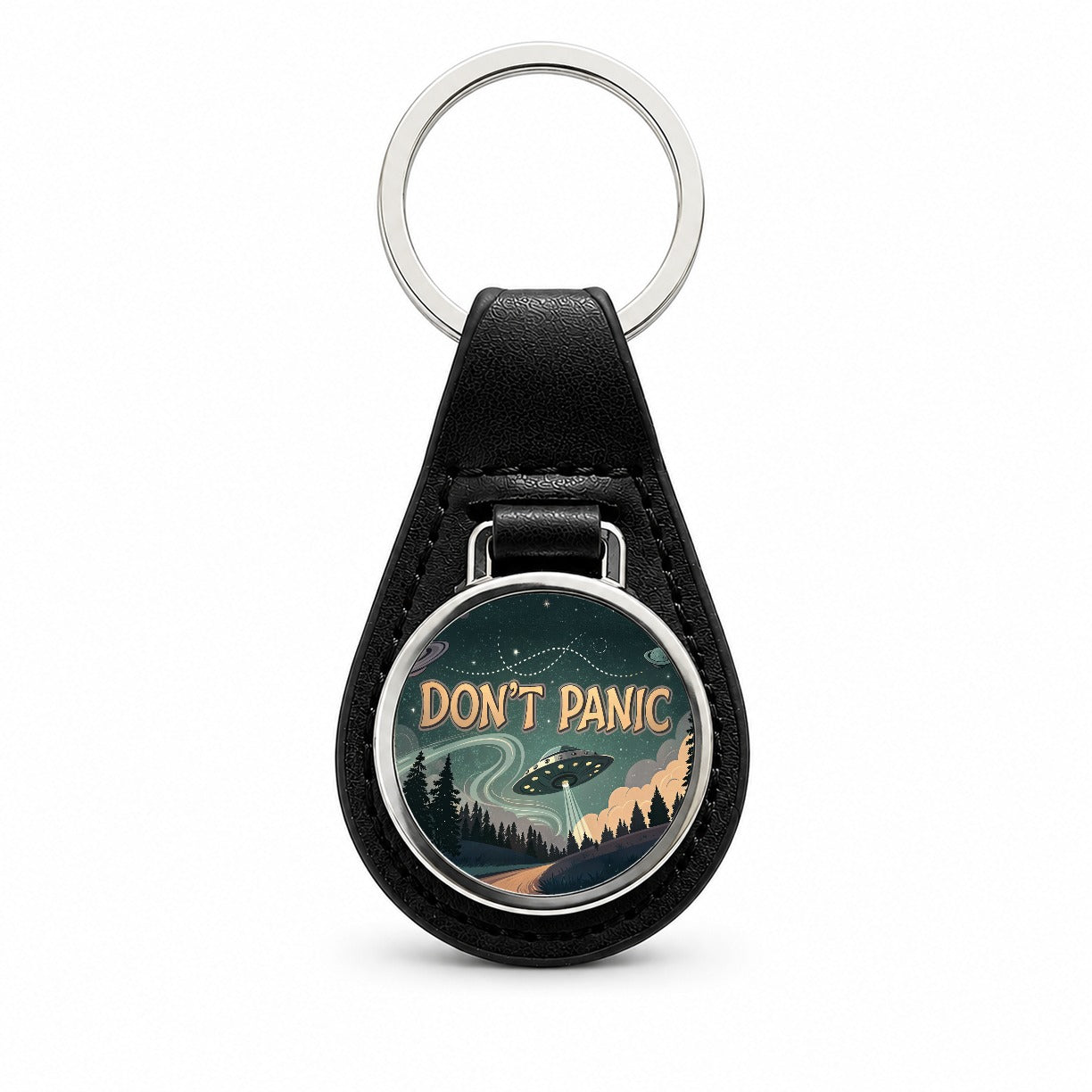 Don't Panic Retro UFO Invasion Funny Black Leather Metal Keychain