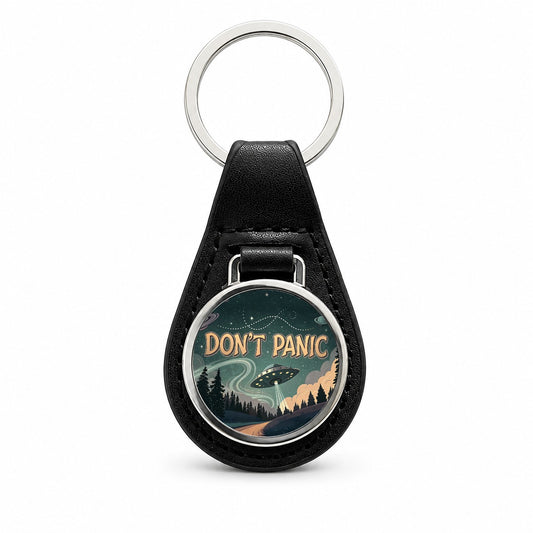 Don't Panic Retro UFO Invasion Funny Black Leather Metal Keychain