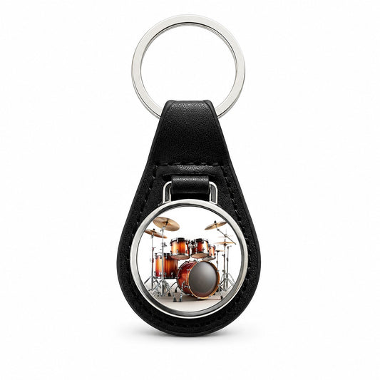 Drum Kit Black Leather Metal Keychain