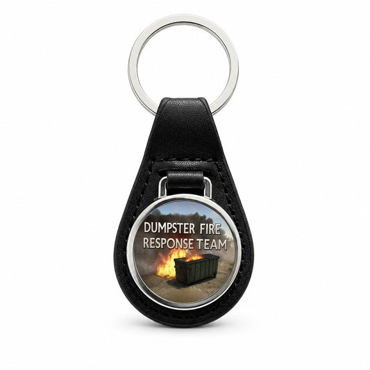 Dumpster Fire Response Team Funny Black Leather Metal Keychain