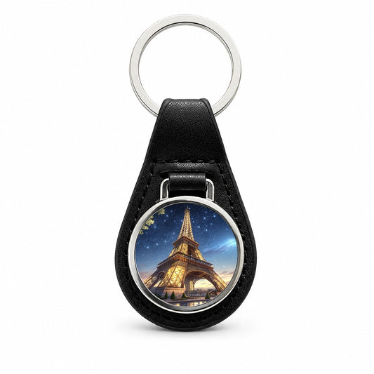 Eiffel Tower Paris At Night Illustration Black Leather Metal Keychain