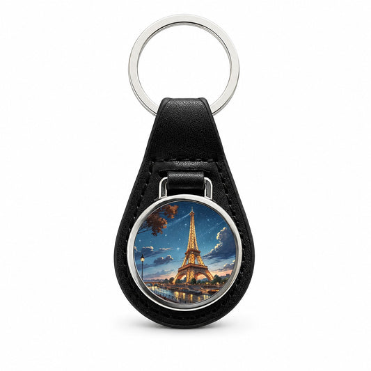 Eiffel Tower Paris France Illustration Black Leather Metal Keychain