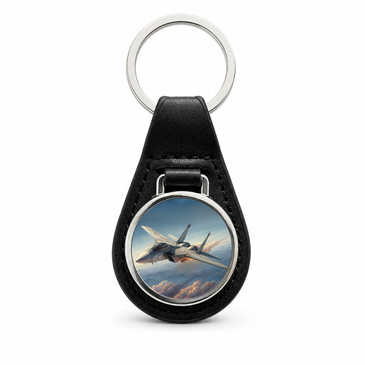 F-14 Tomcat United States Navy Air Superiority Plane In Flight Cold War Era Black Leather Metal Keychain