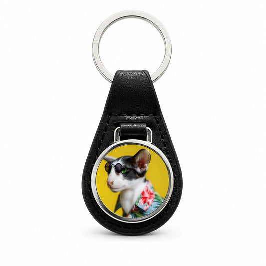 Funny Cat With Glasses And Hawaiian Shirt Black Leather Metal Keychain
