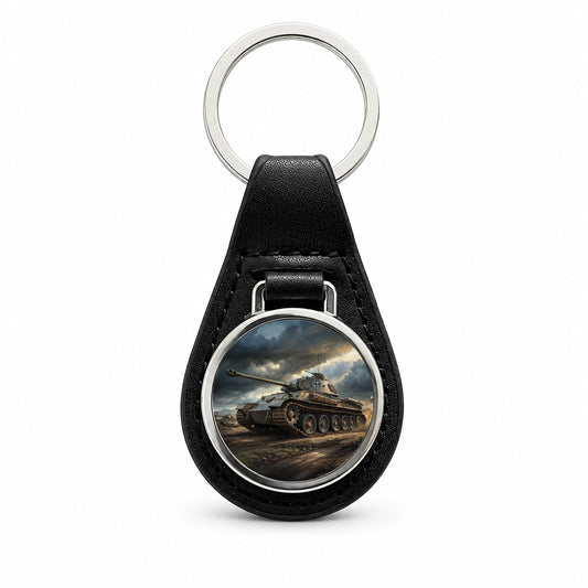 German Panther WWII Tank Black Leather Metal Keychain
