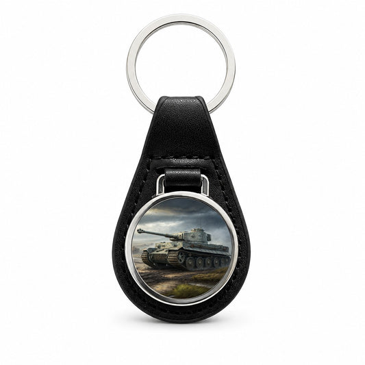 German Tiger WWII Tank Black Leather Metal Keychain