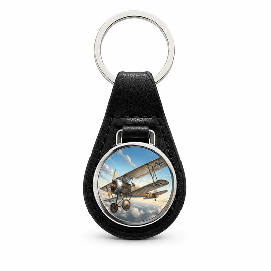 German WWI Biplane In Flight Black Leather Metal Keychain
