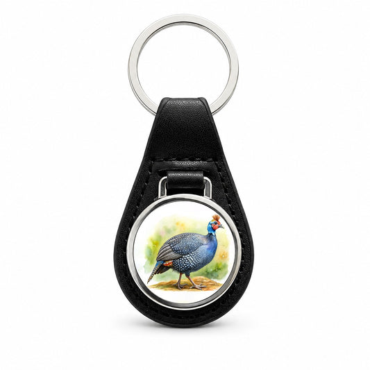 Guinea Fowl Colorful Watercolor Black Leather Metal Keychain