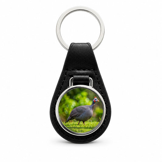 Guinea Fowl Photograph Black Leather Metal Keychain