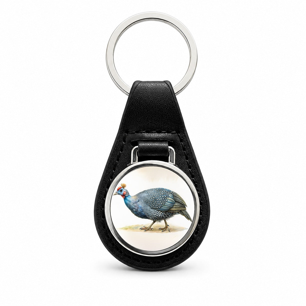 Guinea Fowl Watercolor Black Leather Metal Keychain