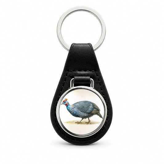 Guinea Fowl Watercolor Black Leather Metal Keychain