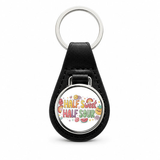 Half Sweet Half Sour Funny Candy Black Leather Metal Keychain
