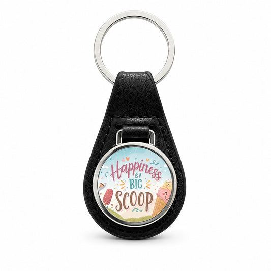 Happiness Is A Big Scoop Ice Cream Funny Black Leather Metal Keychain