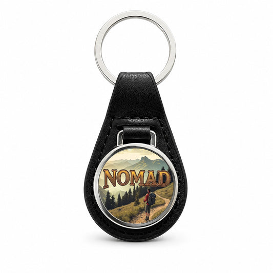 Hiking Nomad Funny Hiker in Wilderness Mountains Forest Black Leather Metal Keychain
