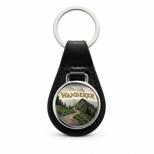Hiking Wanderer Funny Wilderness Mountains Forest Black Leather Metal Keychain