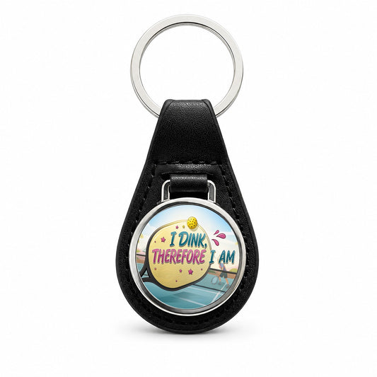 I Dink Therefore I Am Funny Pickleball Black Leather Metal Keychain