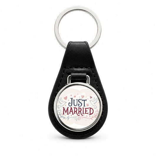 Just Married Doves Hearts Black Leather Metal Keychain