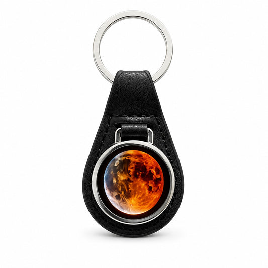Lunar Eclipse Black Leather Metal Keychain