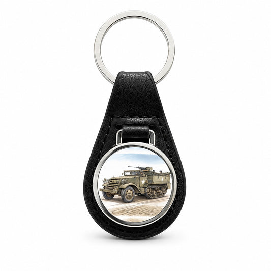 M3 Half-Track WWII Armored Personnel Carrier Black Leather Metal Keychain