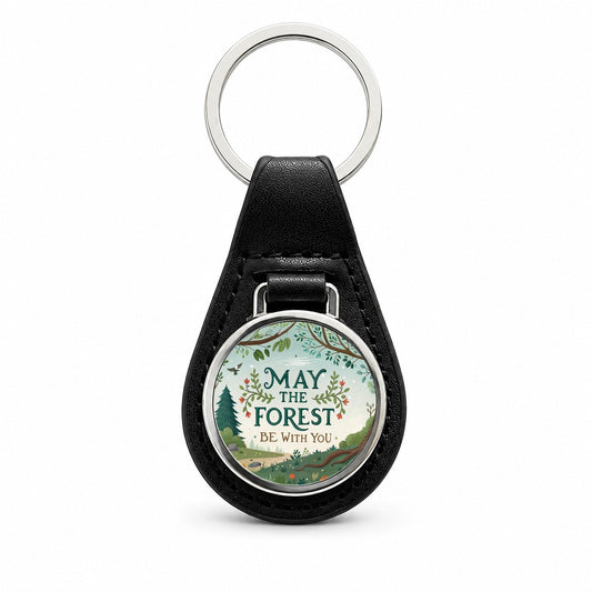 May The Forest Be With You Funny Hiking Camping Black Leather Metal Keychain