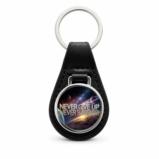Never Give Up Never Surrender Galaxy Space Inspirational Black Leather Metal Keychain
