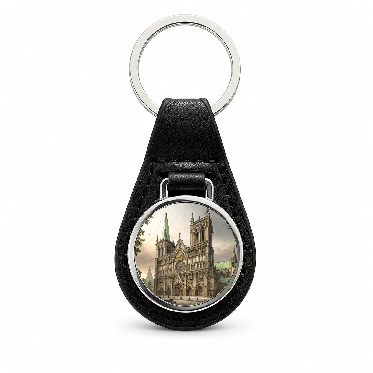 Nidaros Cathedral Church Trondheim Norway Black Leather Metal Keychain