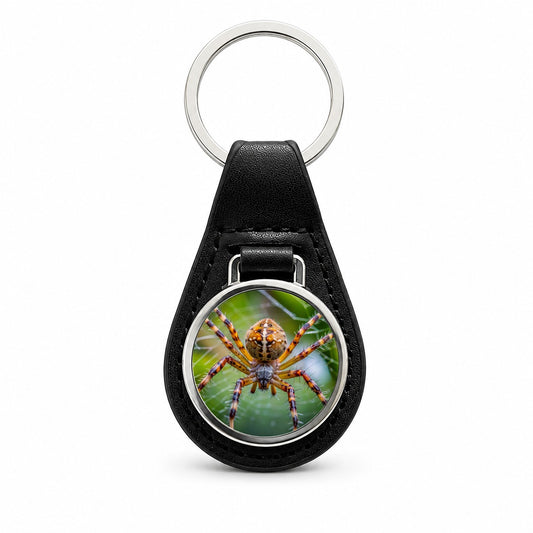 Orb Weaver Spider Black Leather Metal Keychain