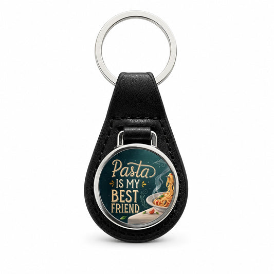 Pasta Is My Best Friend Funny Black Leather Metal Keychain