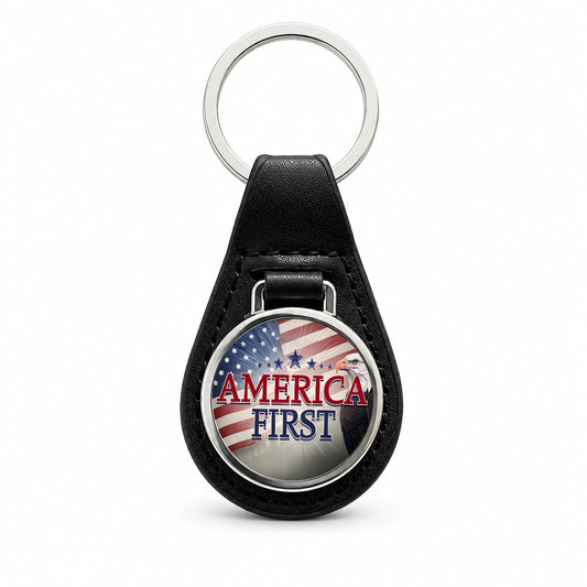 Patriotic America USA American Flag Bald Eagle Black Leather Metal Keychain
