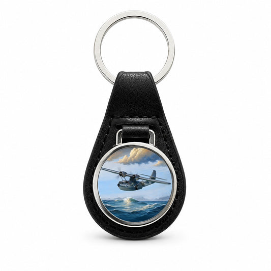 PBY Catalina Seaplane United States Navy Search Rescue WWII Black Leather Metal Keychain