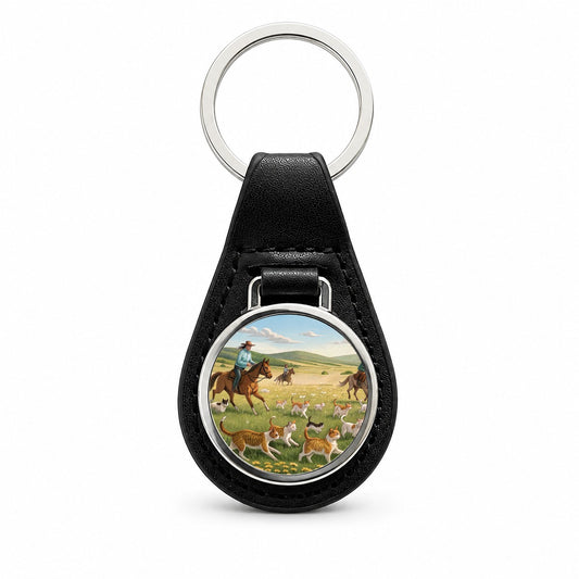 People Herding Cats Black Leather Metal Keychain