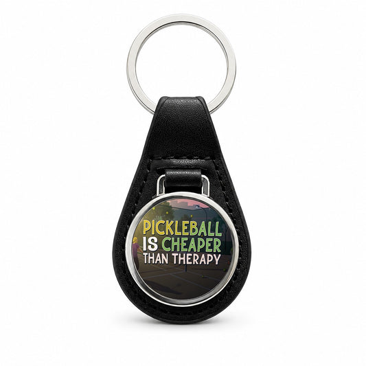 Pickleball Is Cheaper Than Therapy Funny Black Leather Metal Keychain