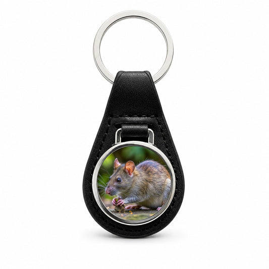 Pouch Rat Black Leather Metal Keychain