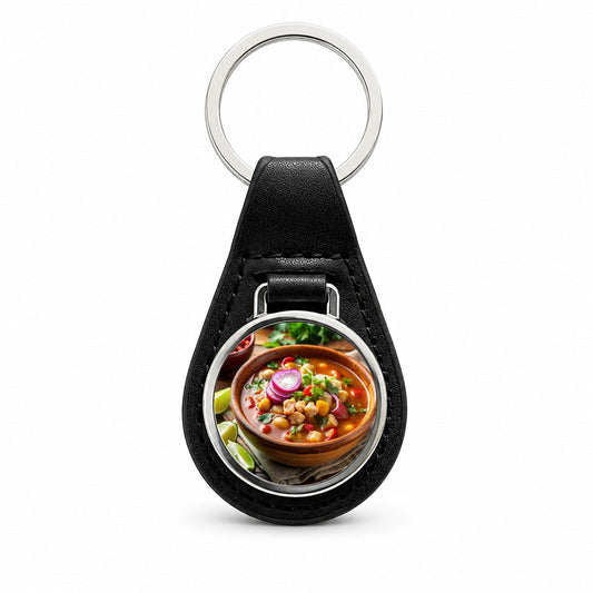 Pozole Posole Traditional Mexican Stew Black Leather Metal Keychain
