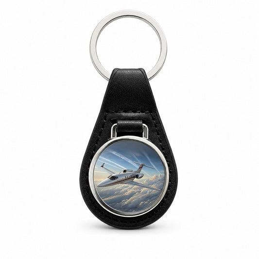 Private Jet In Flight Black Leather Metal Keychain