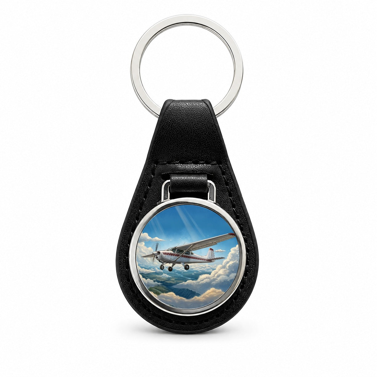 Private Single Prop Plane In Flight Black Leather Metal Keychain