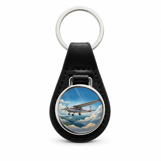 Private Single Prop Plane In Flight Black Leather Metal Keychain